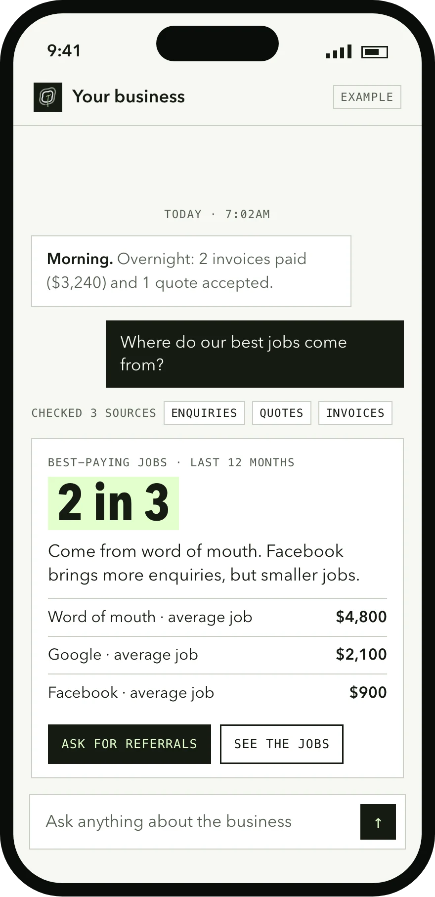 Example: the app answering "Where do our best jobs come from?" with 2 in 3 from word of mouth, pulled from enquiries, quotes and invoices